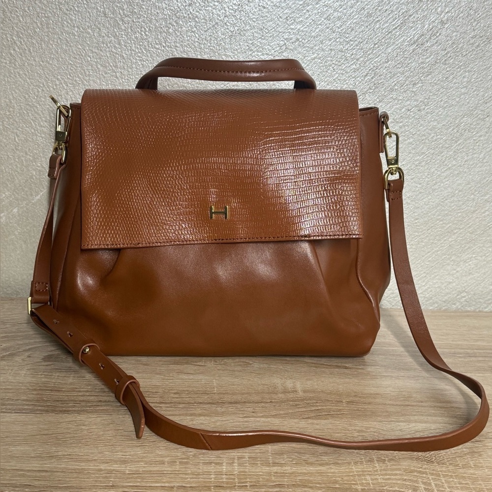H by Halston Smooth Brown Leather Purse Satchel Snack Embossed Crossbody Bag